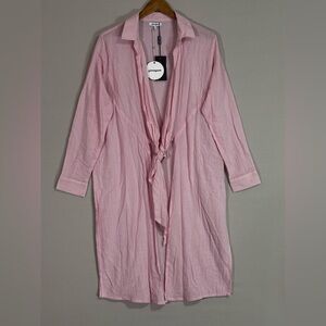 Gimaguas Ma’am Dress Pink 100% Cotton Tie Front Shirt Dress One Size NWT